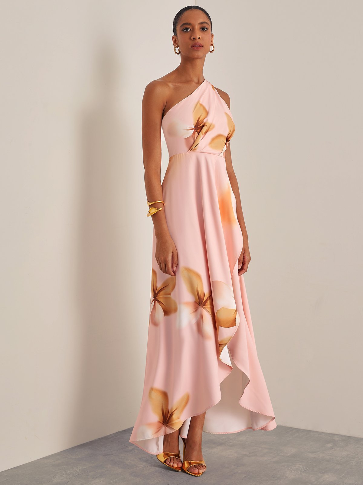 Orange Pink One Shoulder Sleeveless Maxi Dress with Ruched