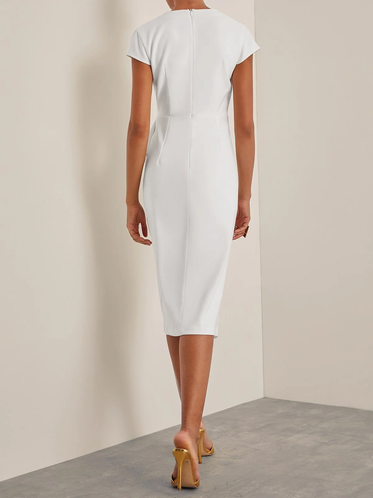 White V Neck Cap Sleeve Sheath Midi Dress