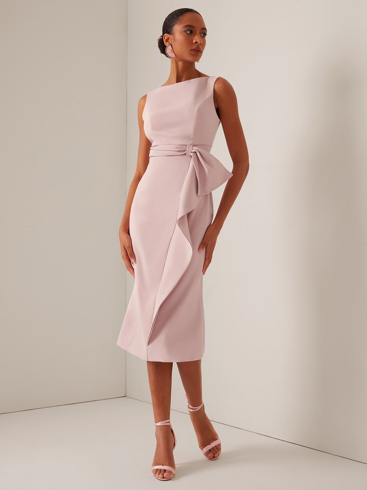 Pink Ruched Boat Neck Sleeveless Knee Length Sheath Dress