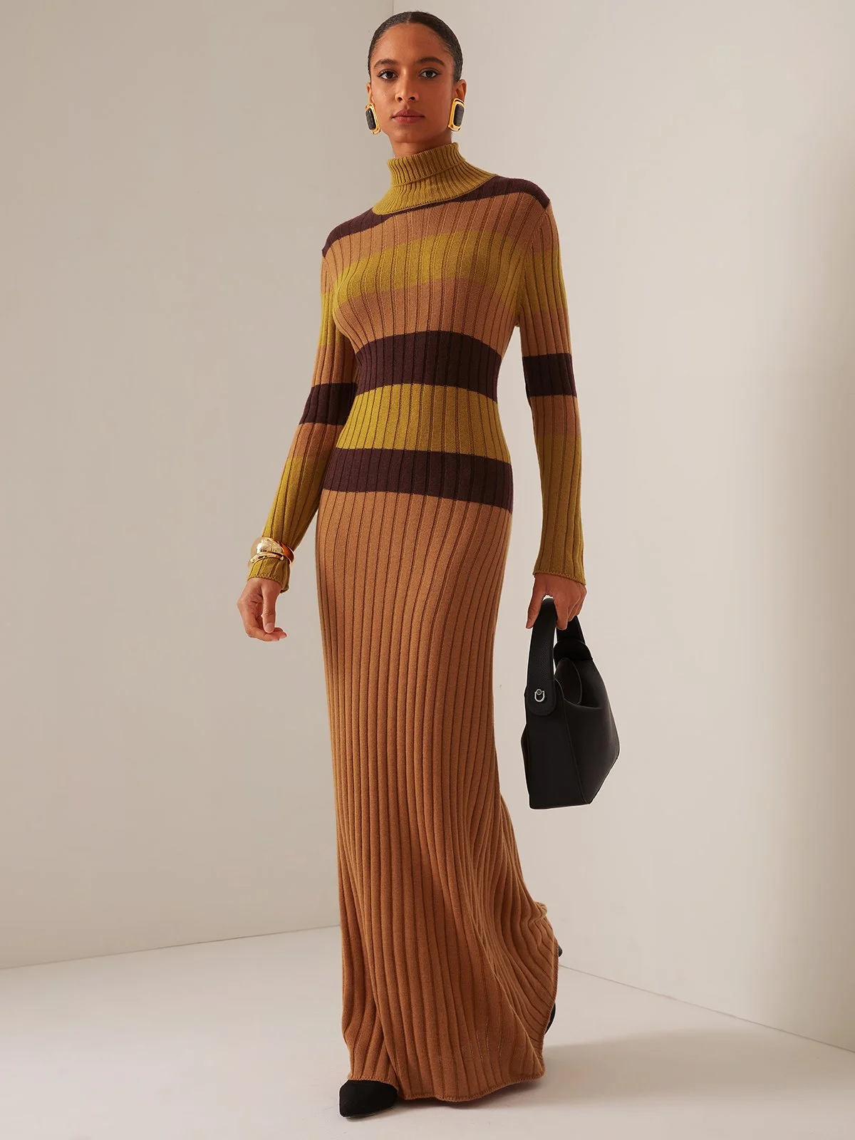 Wool Brown Turtleneck Long Sleeve Wool  Sweater Dresses