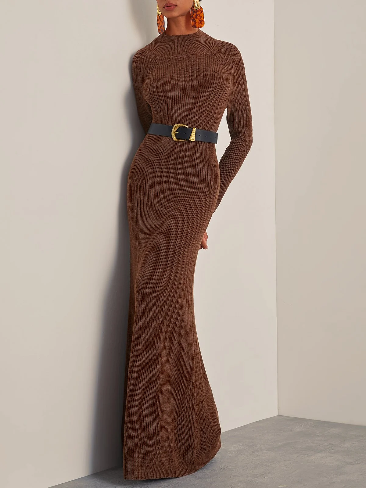 Wool Brown Crew Neck Long Sleeve Maxi Sweater Dress