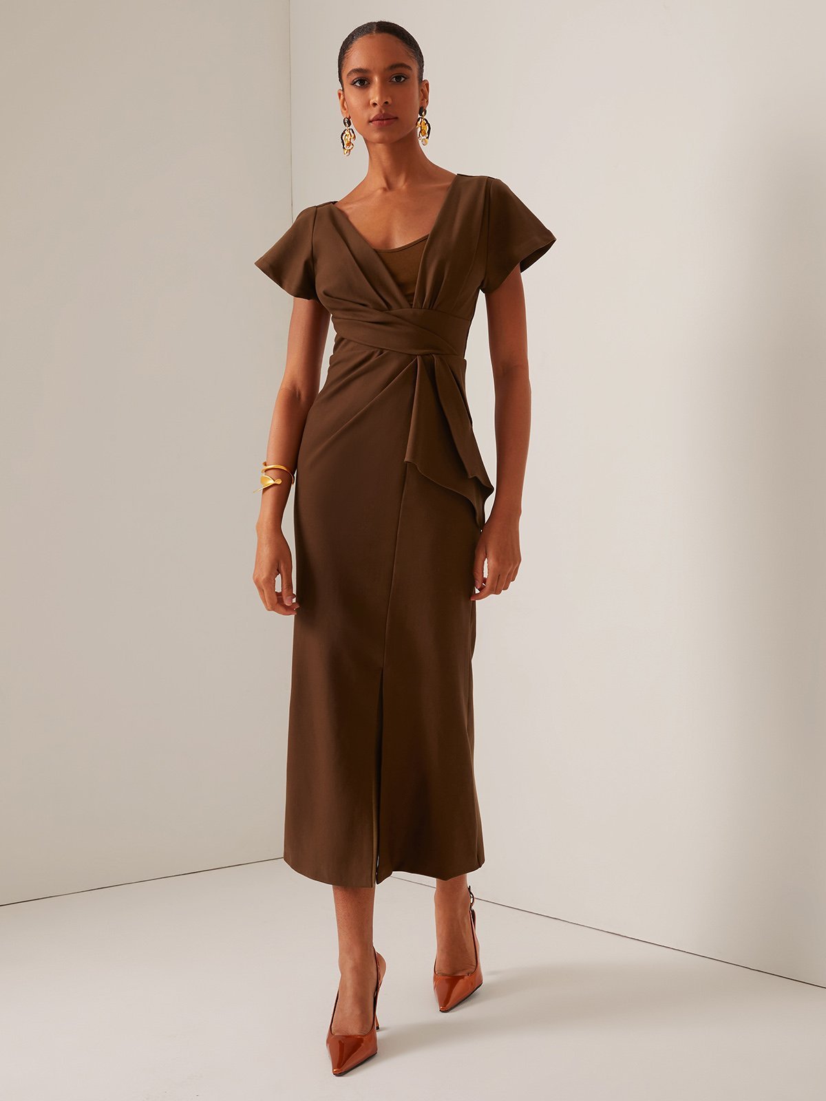 Brown Ruched Short Sleeve A-Line Midi Dress