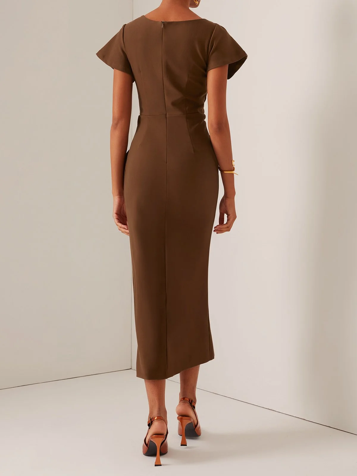 Brown Ruched Short Sleeve A-Line Midi Dress