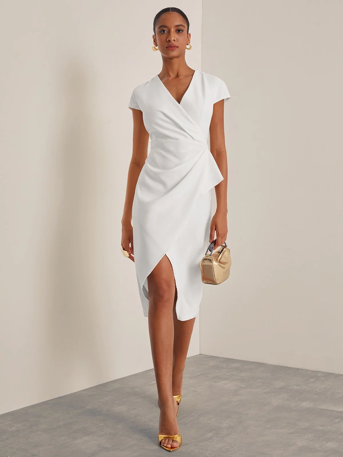 White V Neck Cap Sleeve Sheath Midi Dress