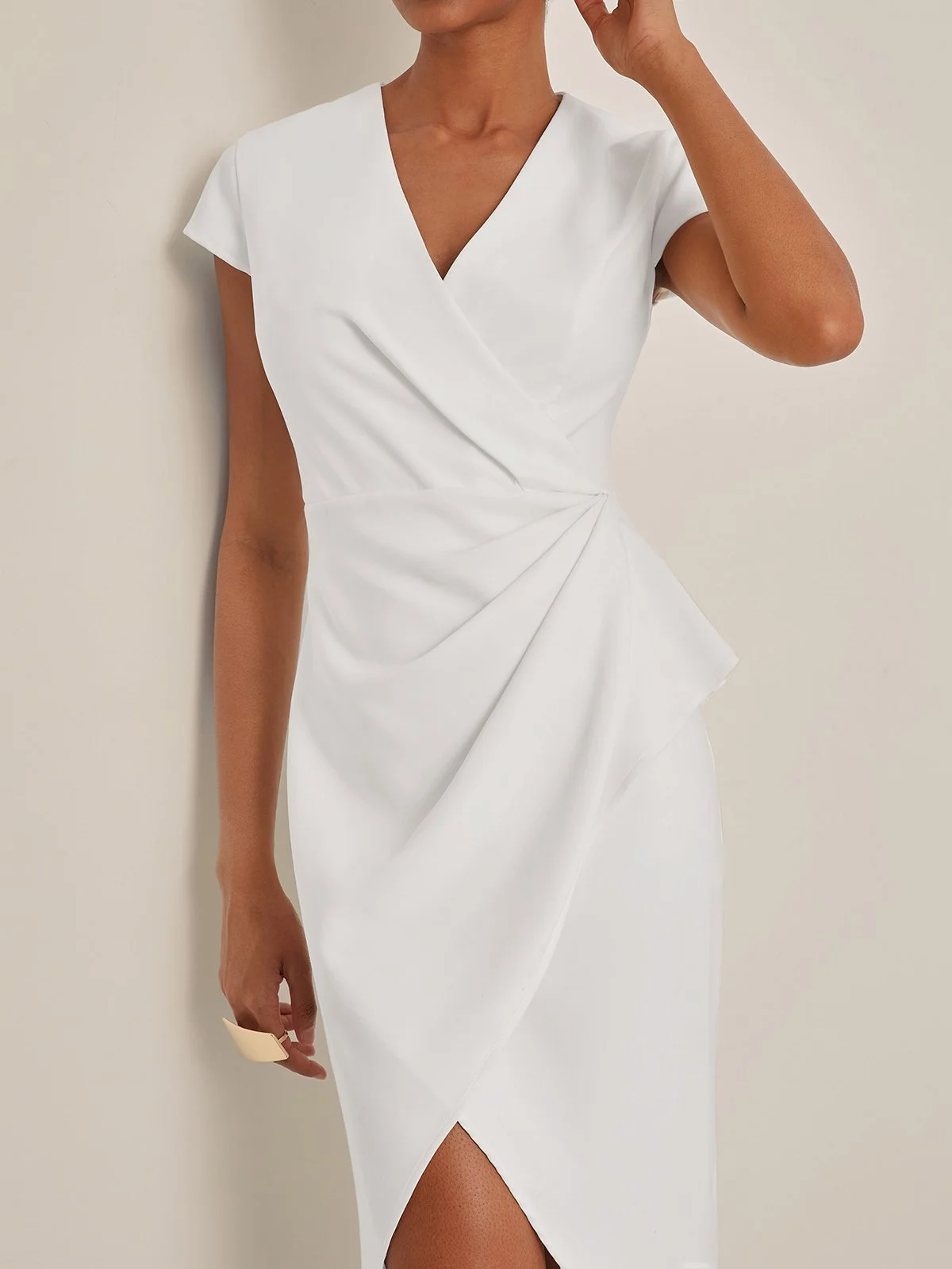 White V Neck Cap Sleeve Sheath Midi Dress