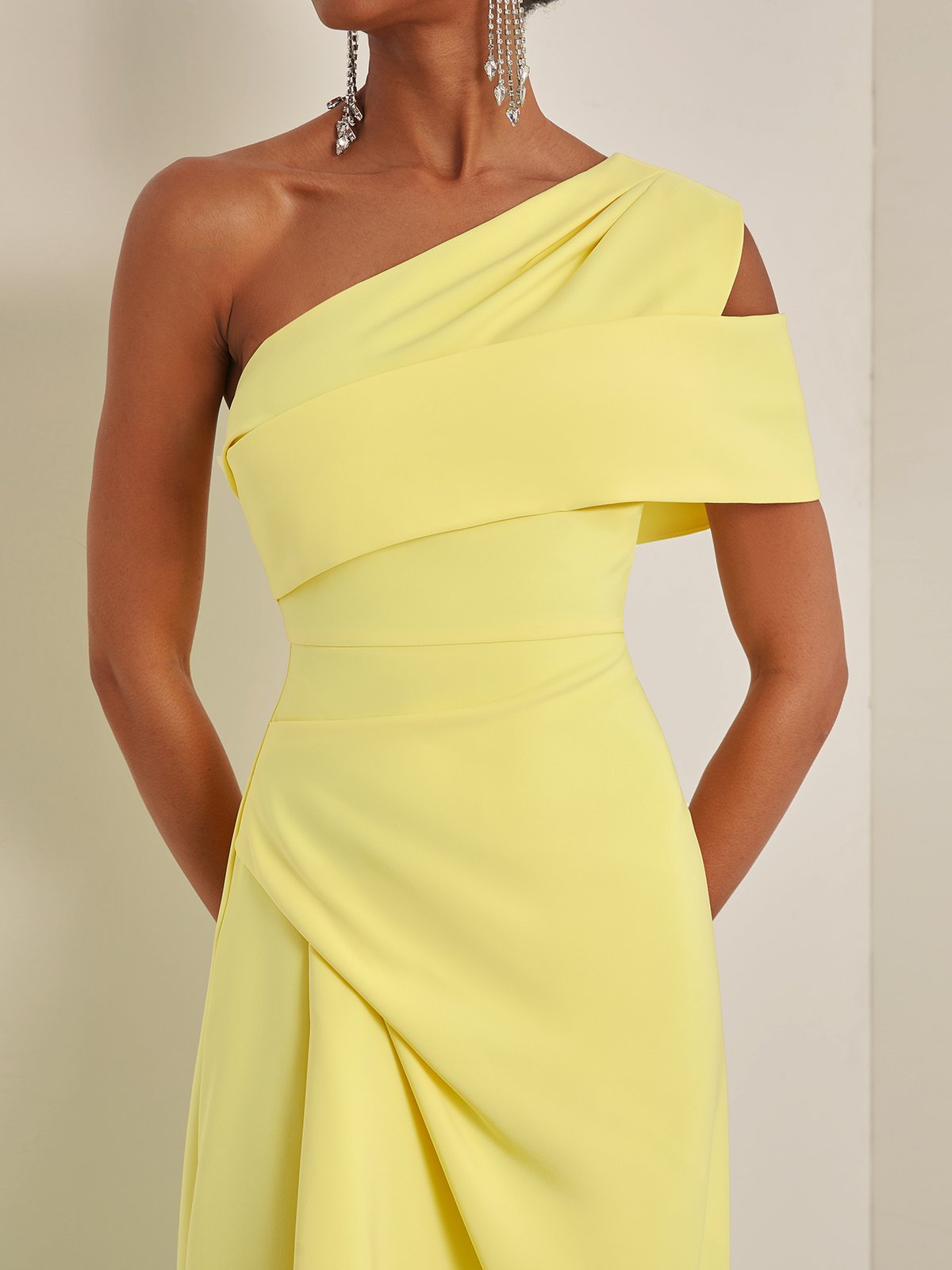 Yellow One Shoulder Asymmetrical A-Line Midi Dress