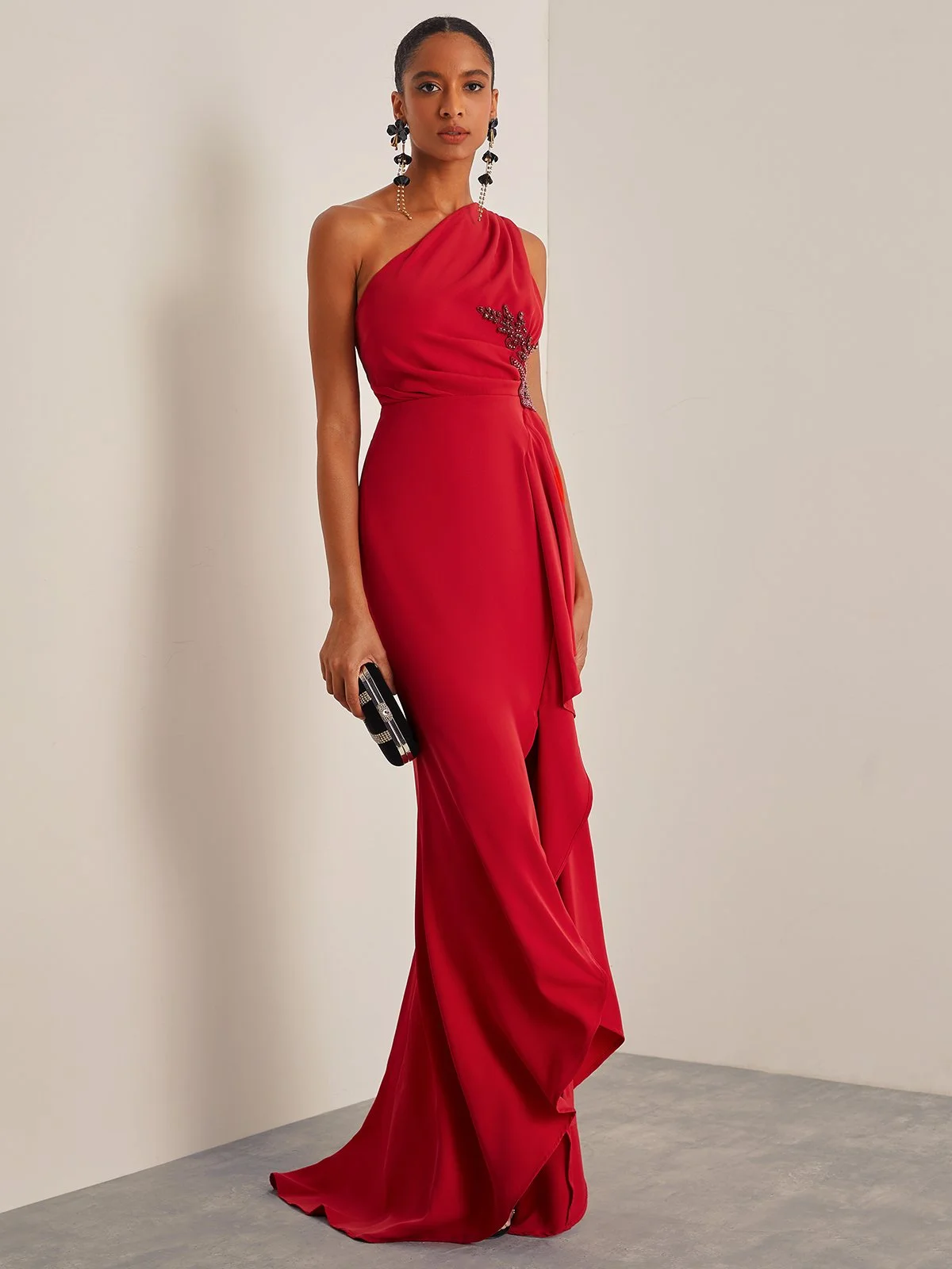 Red Beaded One Shoulder Sleeveless Slit Sheath Maxi Dress