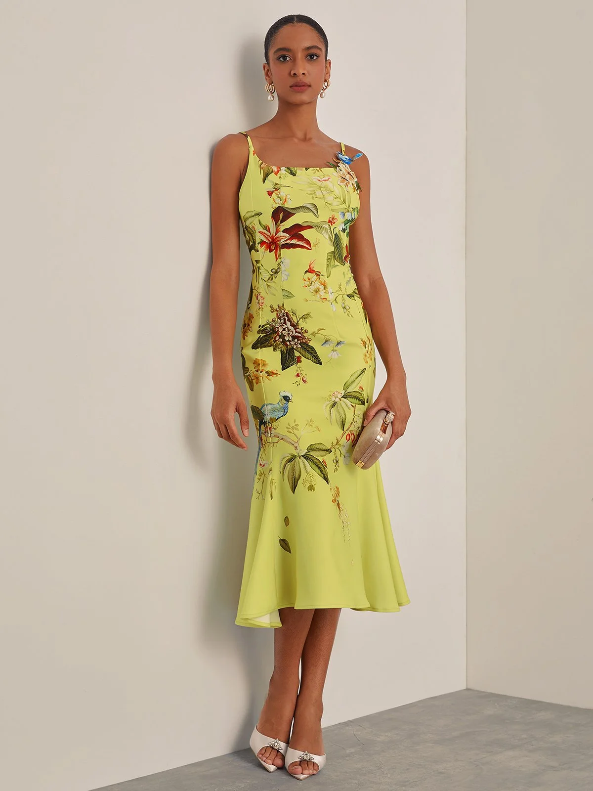 Yellow Floral Applique Spaghetti Mermaid Midi Dress 