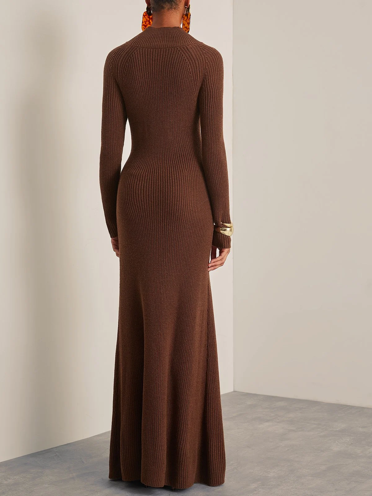 Wool Brown Crew Neck Long Sleeve Maxi Sweater Dress