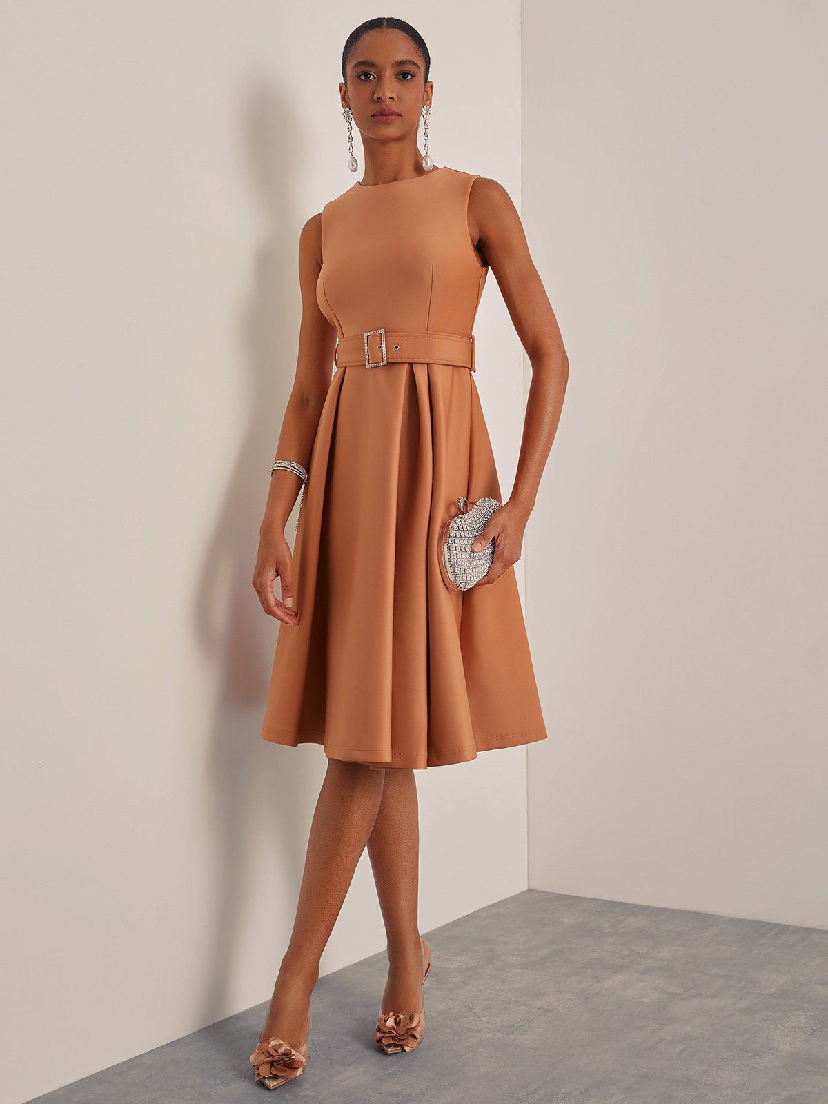 Pinkish Brown Sleeveless A-Line Midi Dress