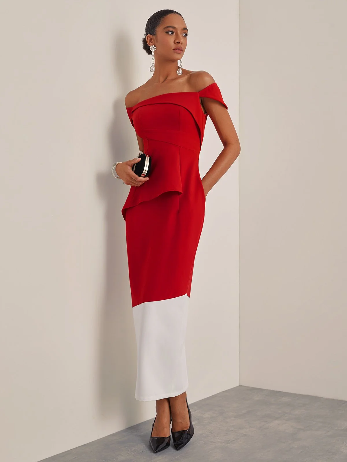 Red Color Block Off The Shoulder Sheath Midi Dress