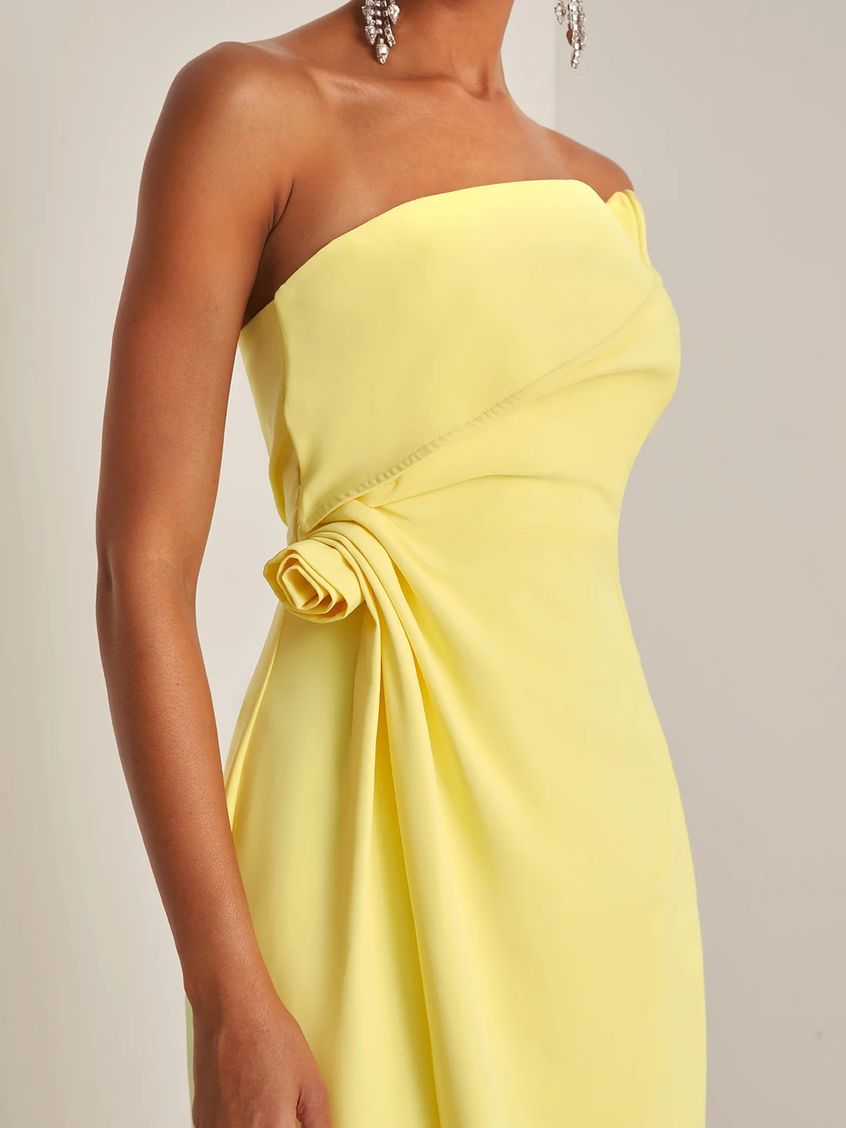 Yellow 3D Floral Ruched Strapless A-Line Gown