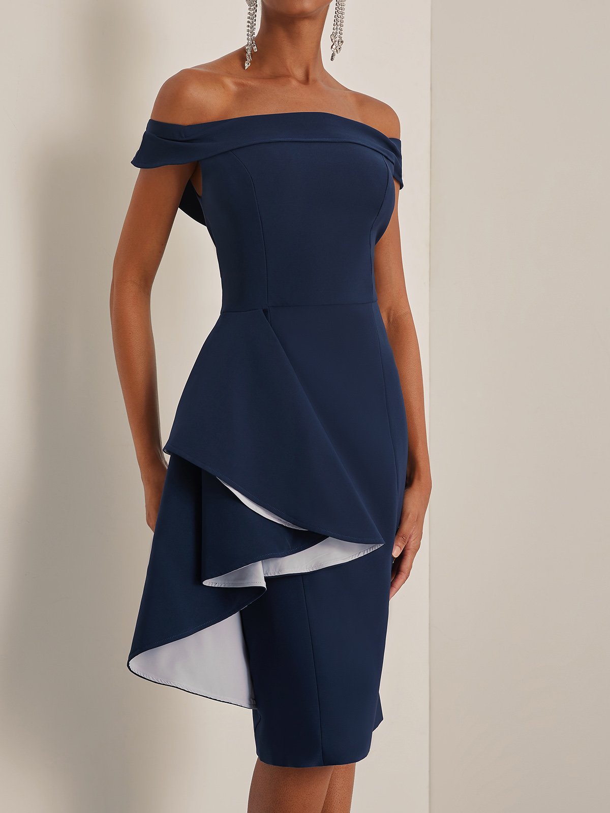 Purplish Blue Ruffled Off The Shoulder Sheath Midi Dress