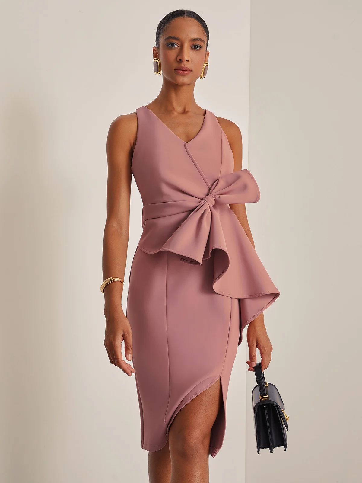 Pink V Neck Ruffled Sleeveless Bow Sheath Midi Dress