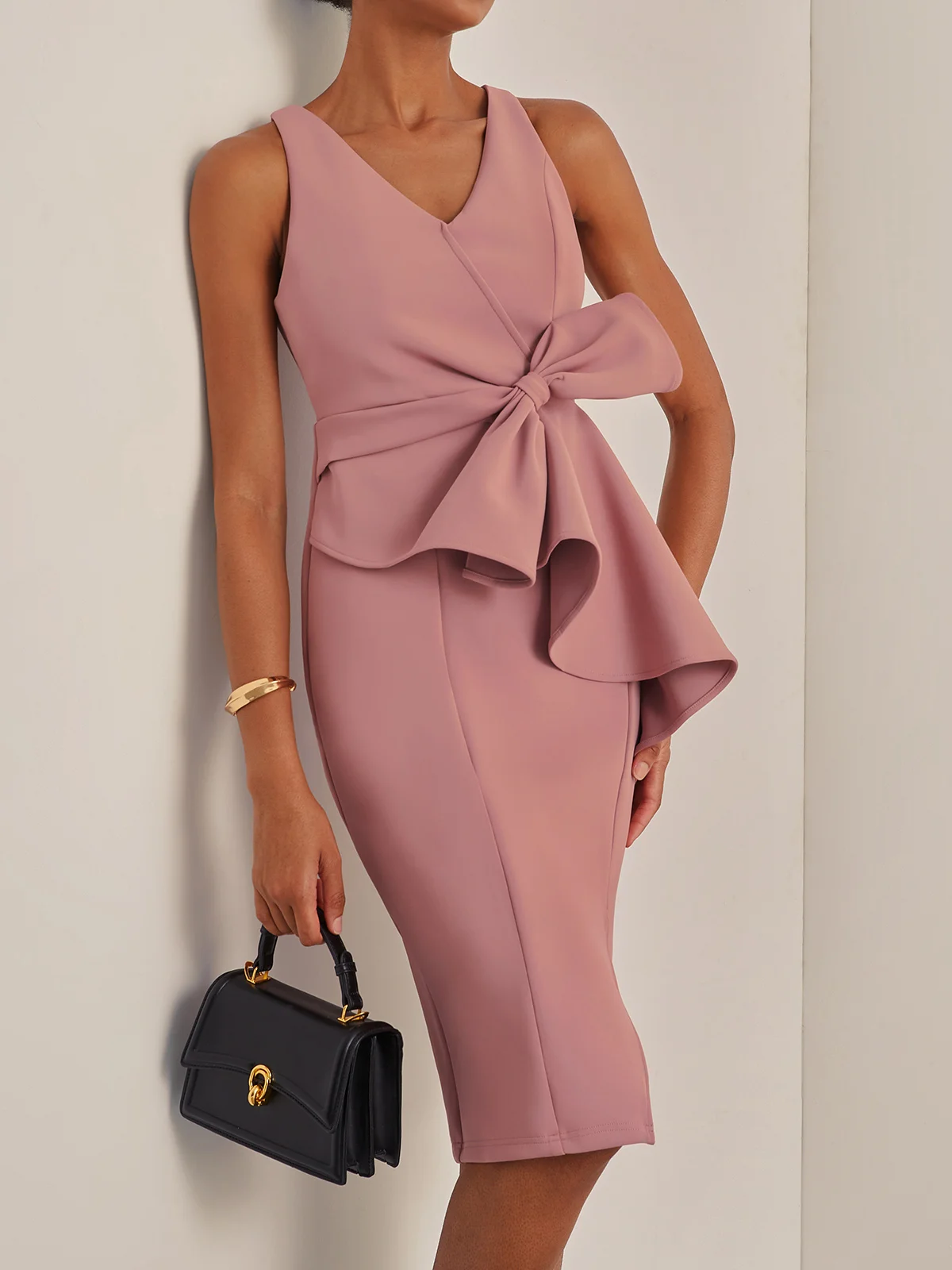 Pink V Neck Ruffled Sleeveless Bow Sheath Midi Dress