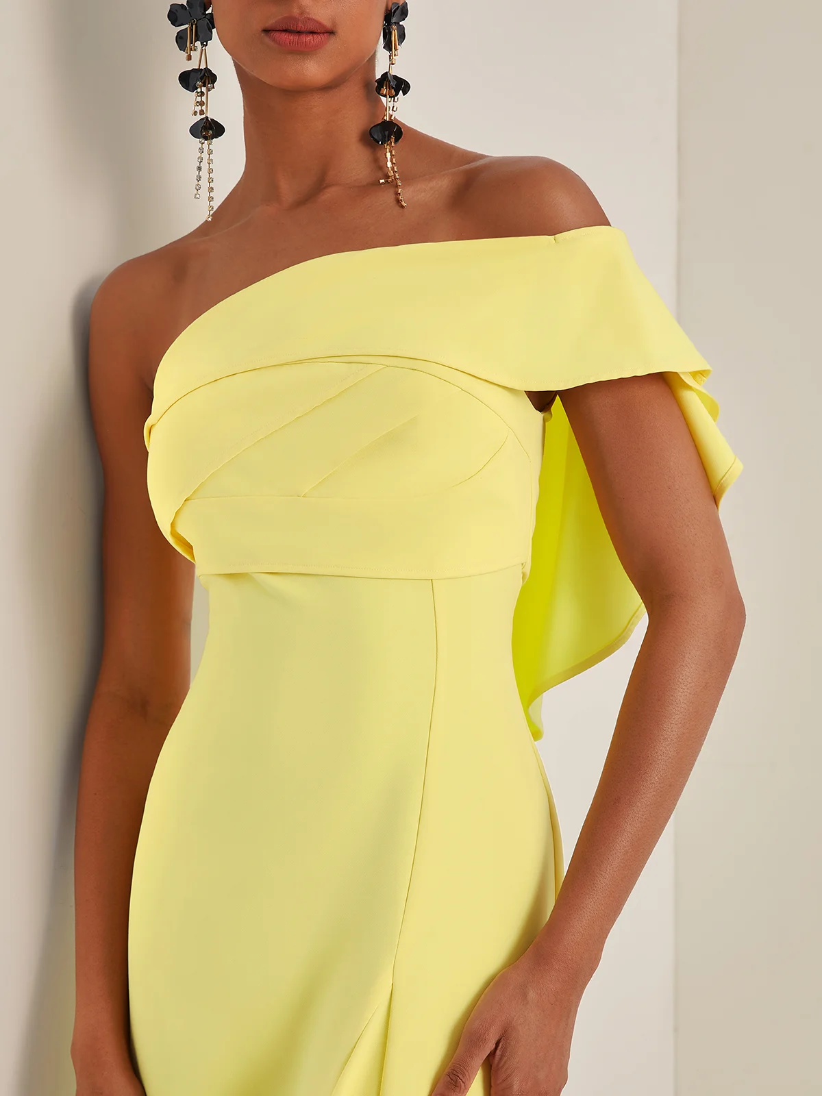 Yellow Ruched One Shoulder A-Line Gown