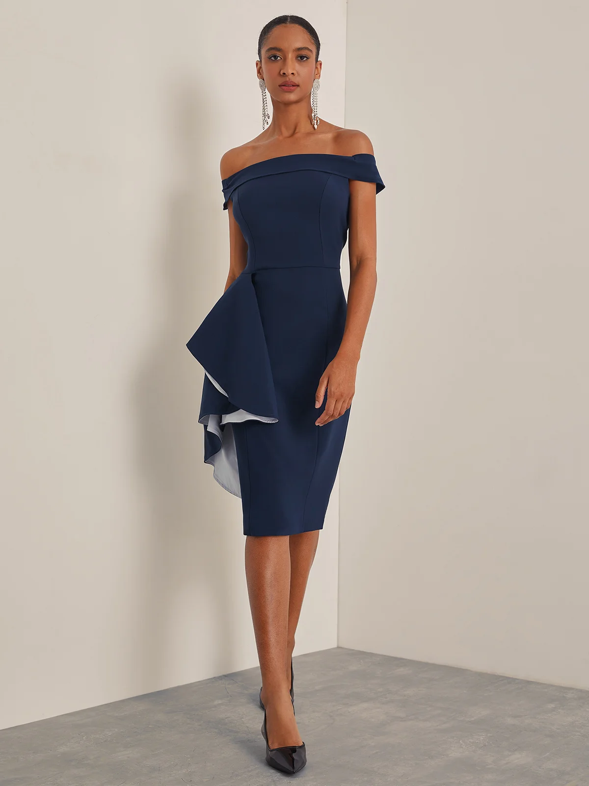 Purplish Blue Ruffled Off The Shoulder Sheath Midi Dress