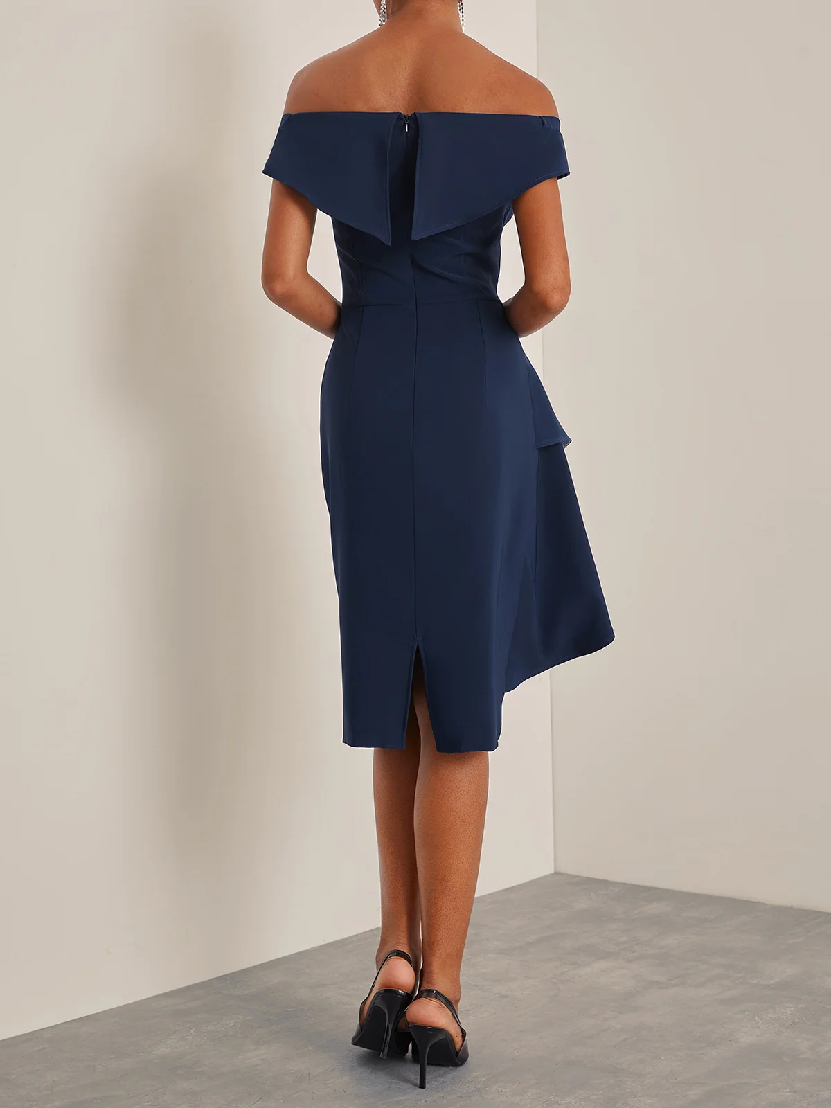 Purplish Blue Ruffled Off The Shoulder Sheath Midi Dress