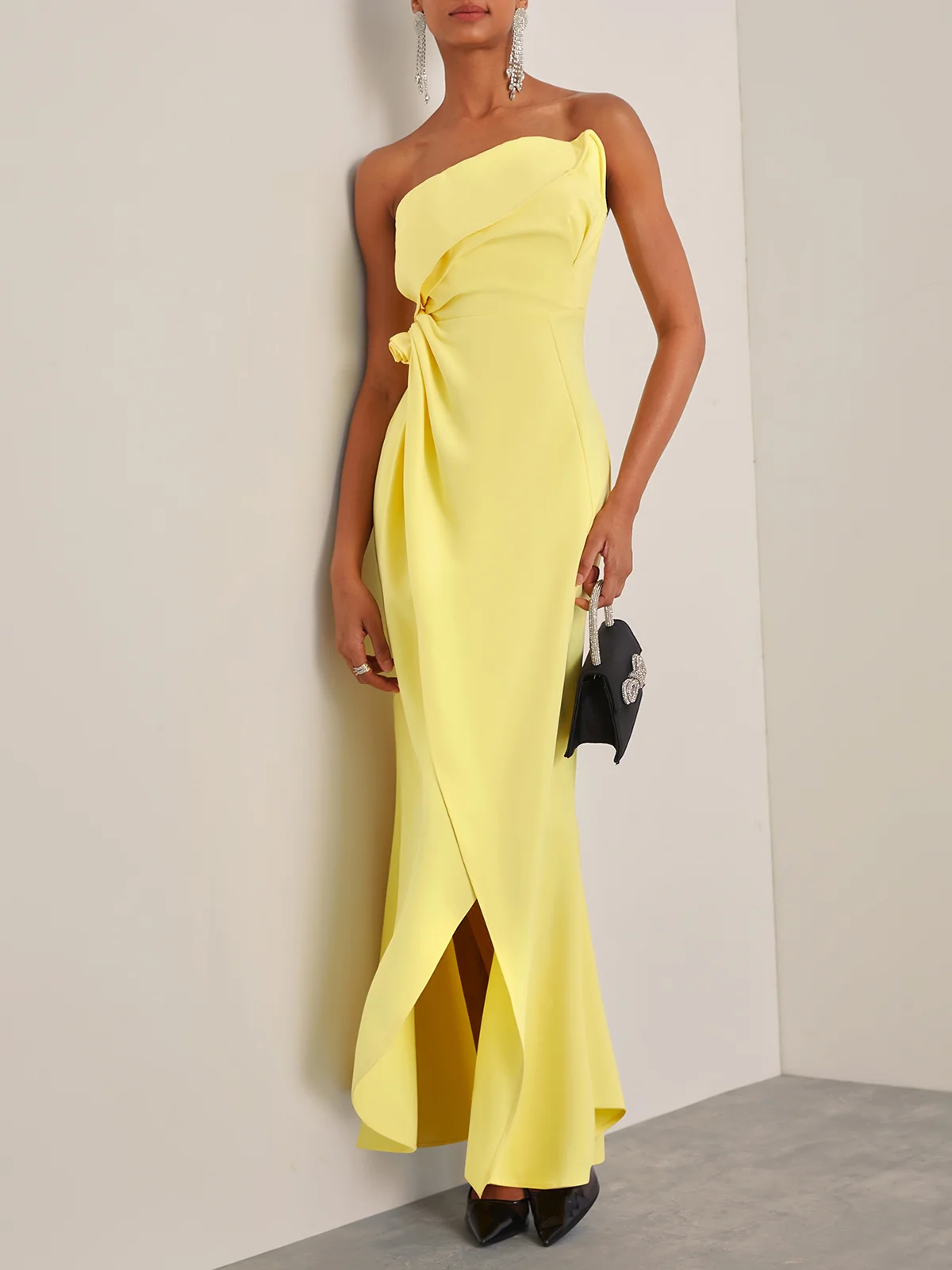 Yellow 3D Floral Ruched Strapless A-Line Gown