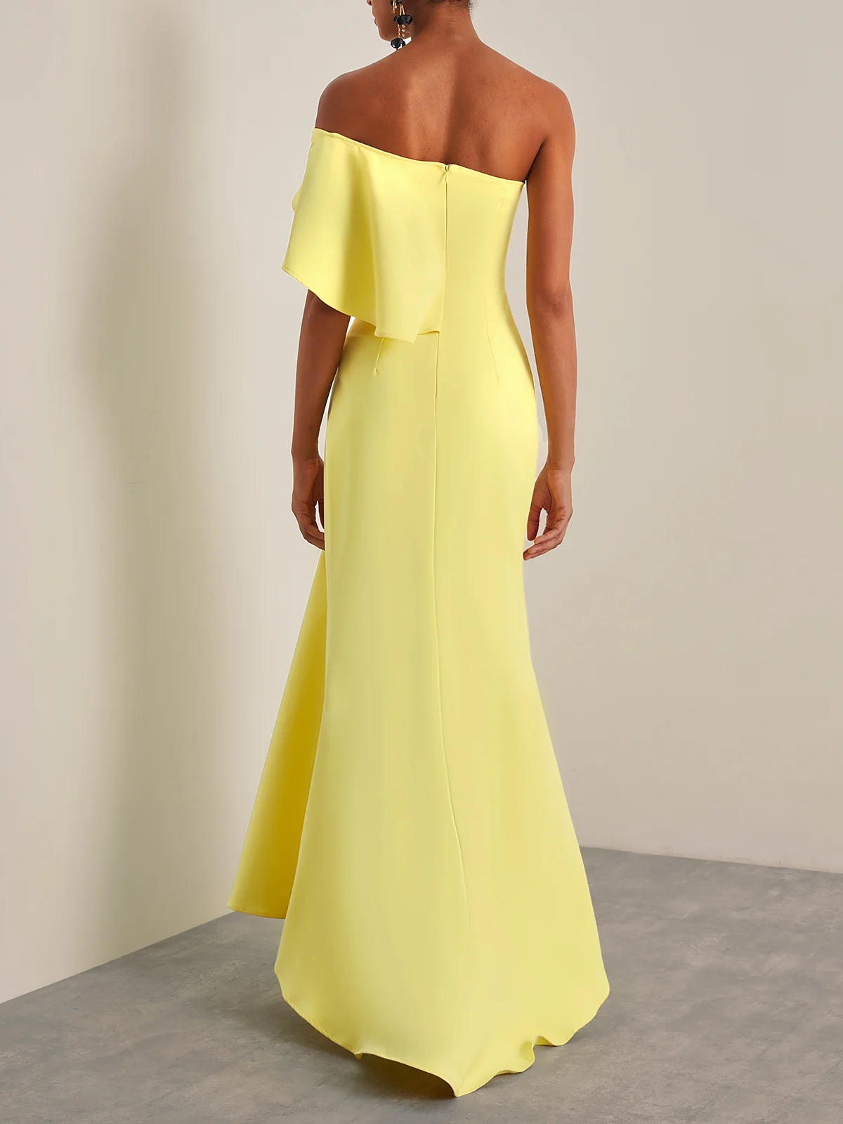 Yellow Ruched One Shoulder A-Line Gown