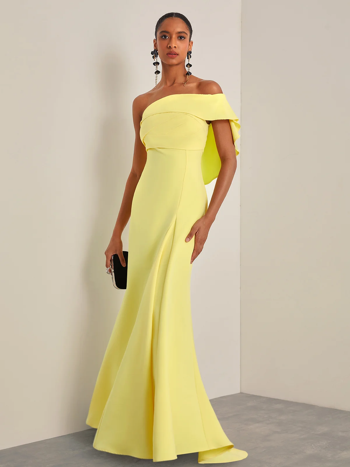 Yellow Ruched One Shoulder A-Line Gown