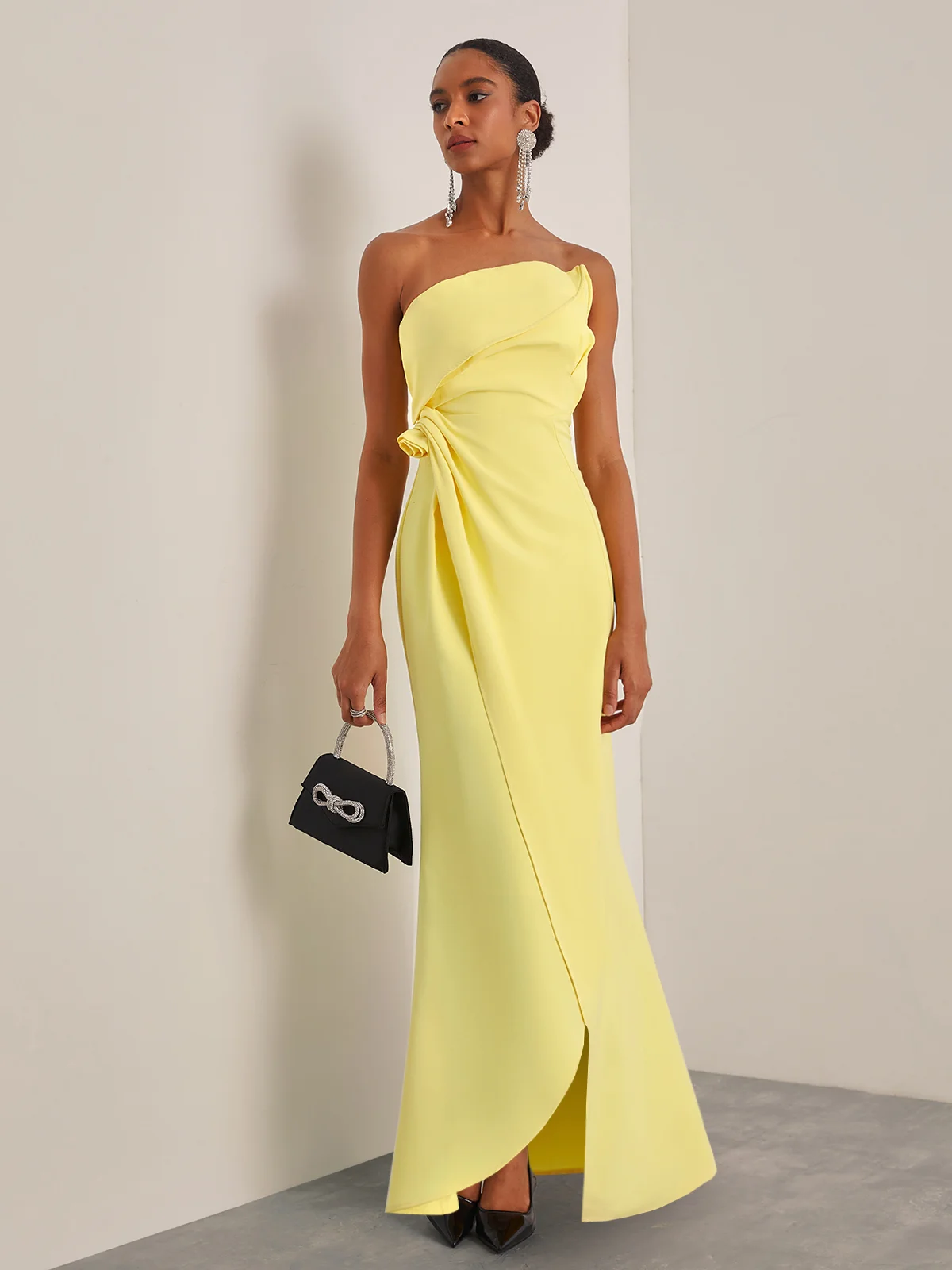 Yellow 3D Floral Ruched Strapless A-Line Gown