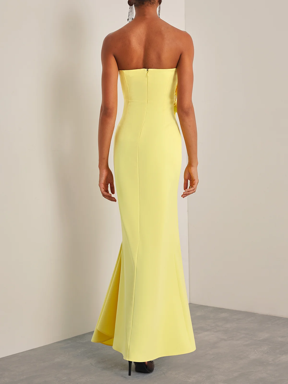 Yellow 3D Floral Ruched Strapless A-Line Gown