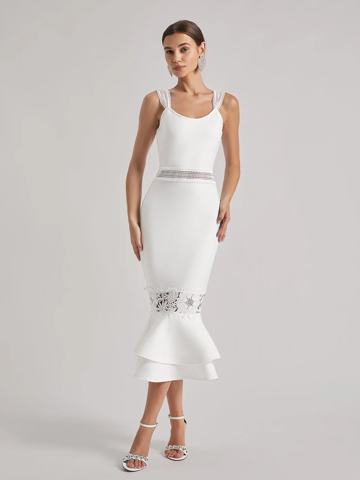 White Bandage Lace Spaghetti Bodycon Midi Dress