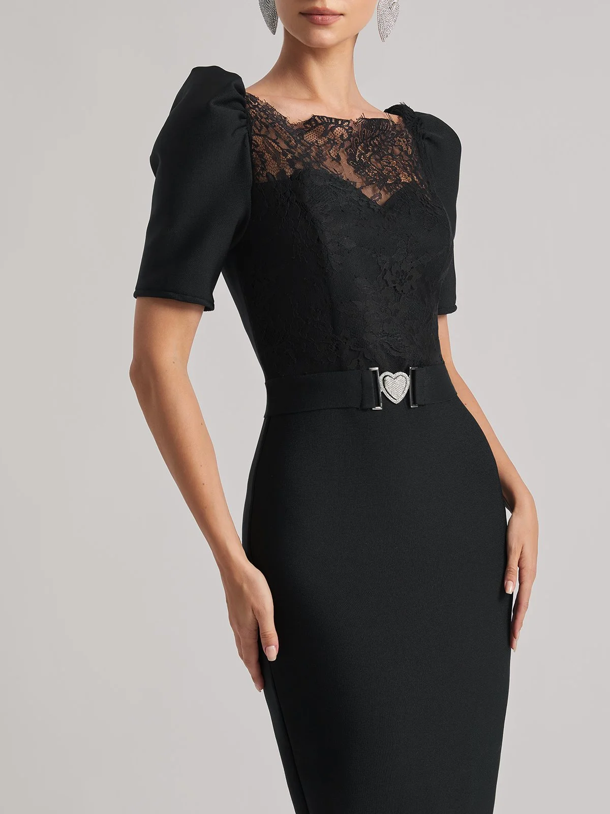 Black Bandage Lace Short Sleeve Bodycon Midi Dress