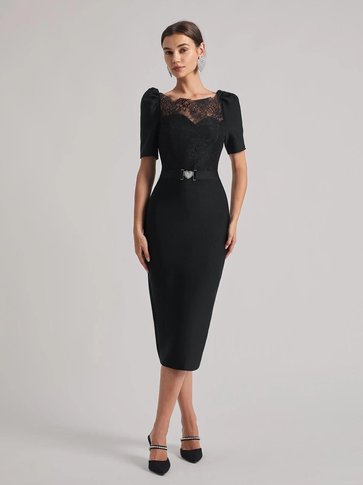 Black Bandage Lace Short Sleeve Bodycon Midi Dress