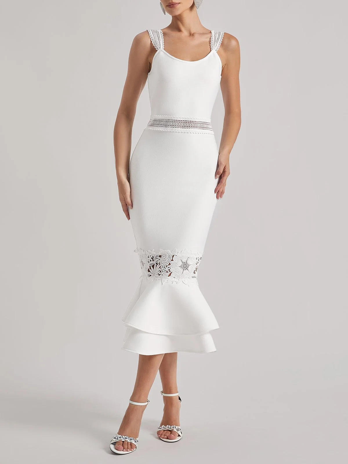 White Bandage Lace Spaghetti Bodycon Midi Dress