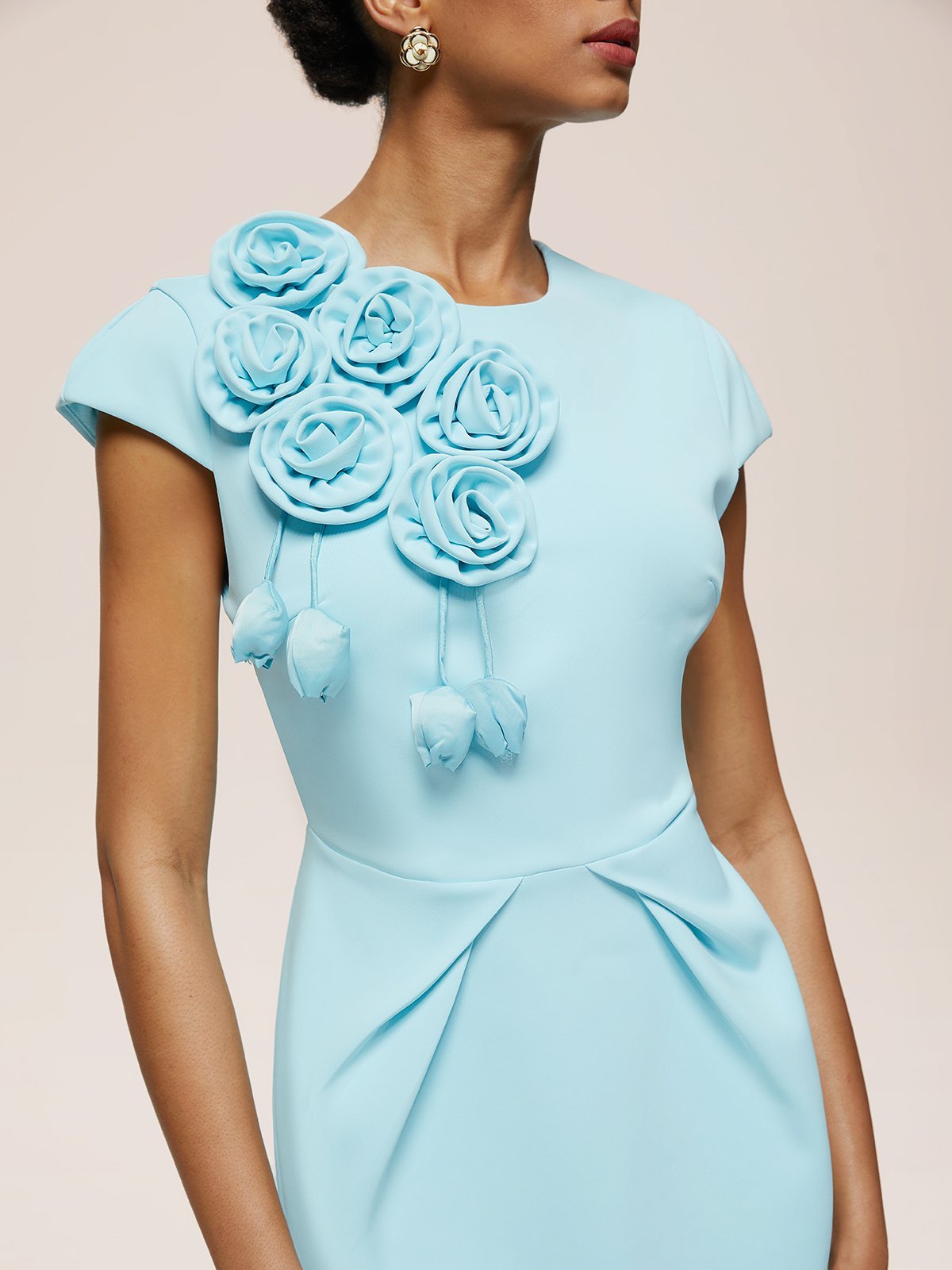 Blue 3D Floral Cap Sleeve Sheath Midi Dress