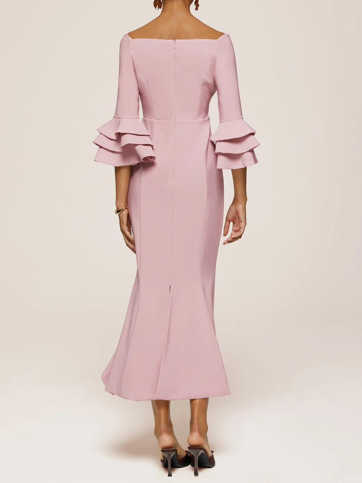 Pink Ruffled Bell Sleeves V Neck Mermaid Maxi Satin Dress