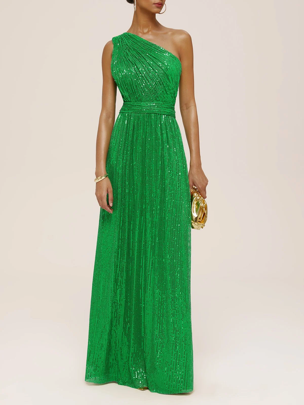 Green One Shoulder Sleeveless A-Line Maxi Dress