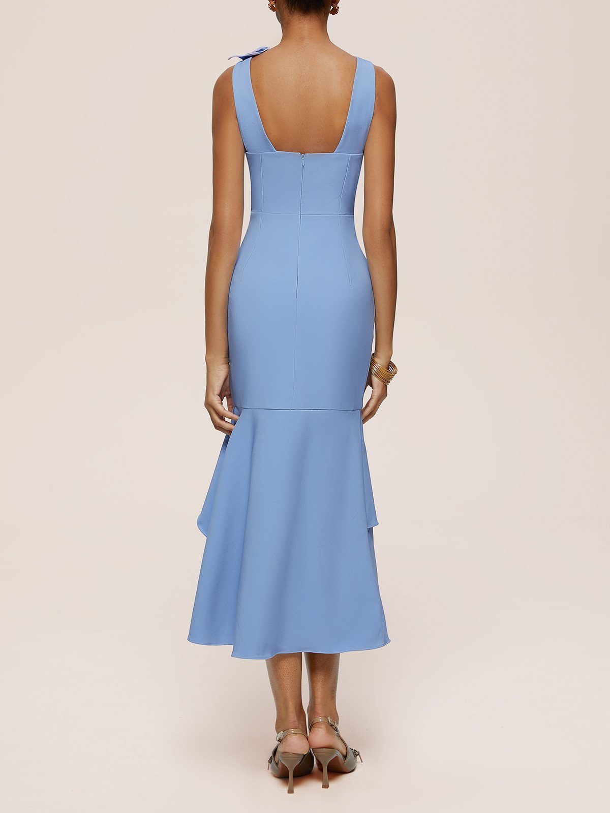 Blue Ruched Sleeveless Ruffled Sheath Midi Dress