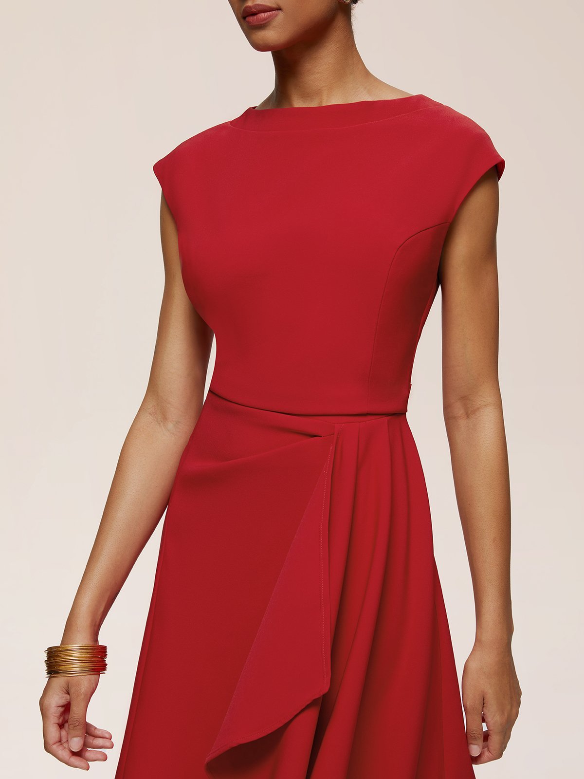 Red Ruched Boat Neck Cap Sleeve A-Line Midi Dress