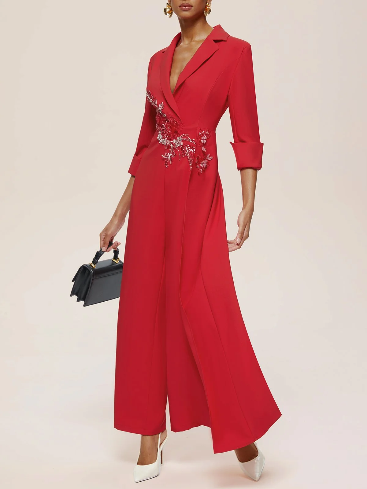 Red Applique Floral Lapel Collar Blazer Jumpsuit