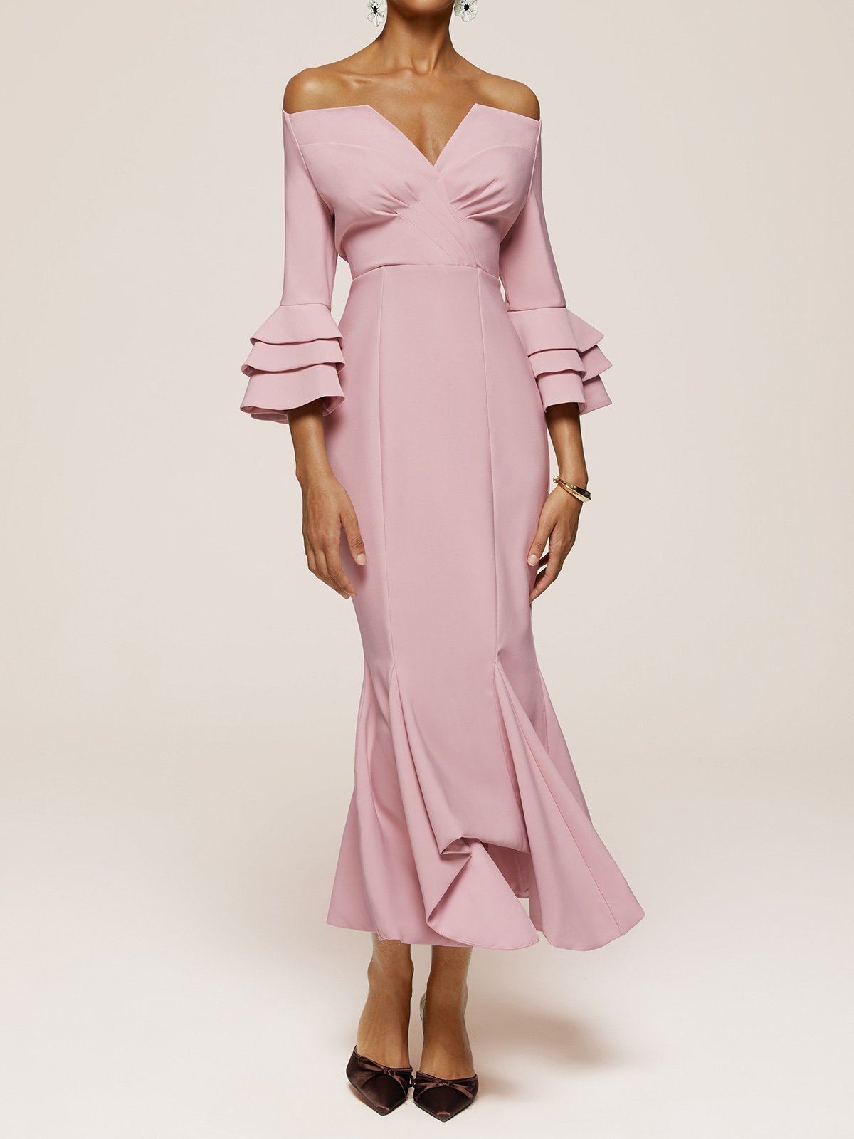 Pink Ruffled Bell Sleeves V Neck Mermaid Maxi Satin Dress