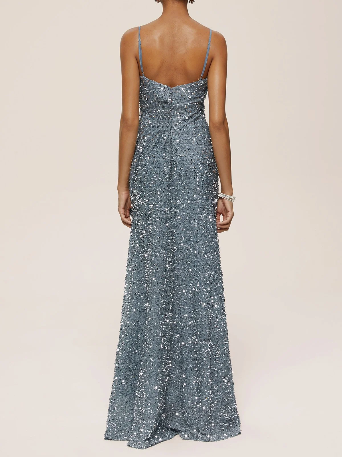 Silver Sequin Ruffled Spaghetti Sleeveless A-Line Gown