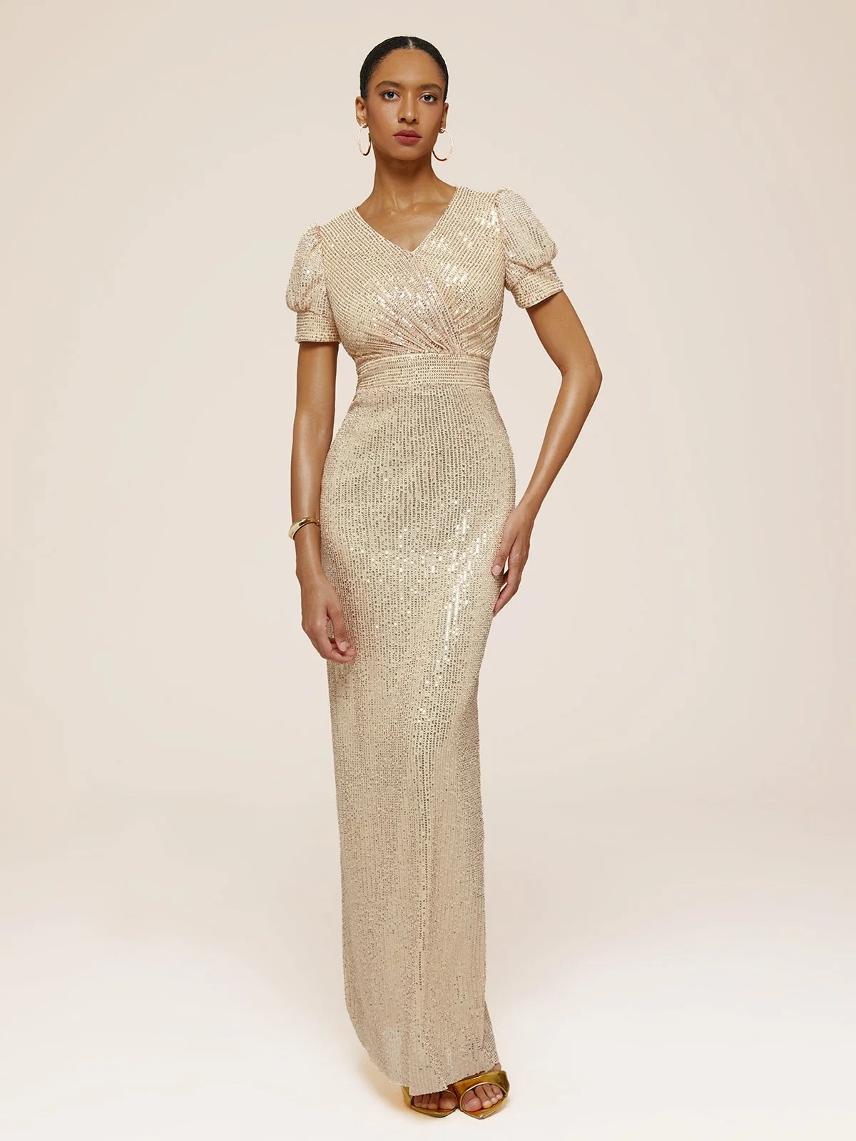 Golden Sequin V Neck Short Sleeve Sheath Gown