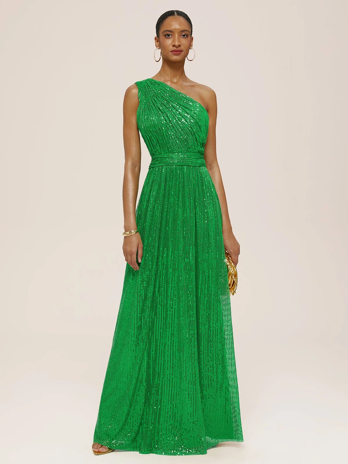 Green One Shoulder Sleeveless A-Line Maxi Dress