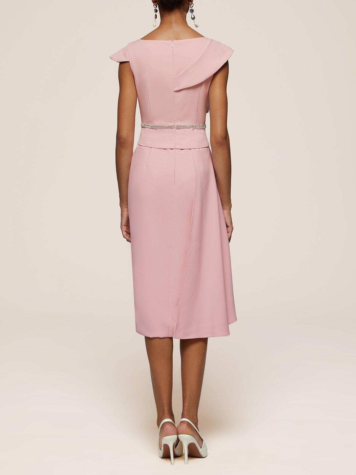 Pink Asymmetrical Neck Cap Sleeve Rhinestone Sheath Midi Dress