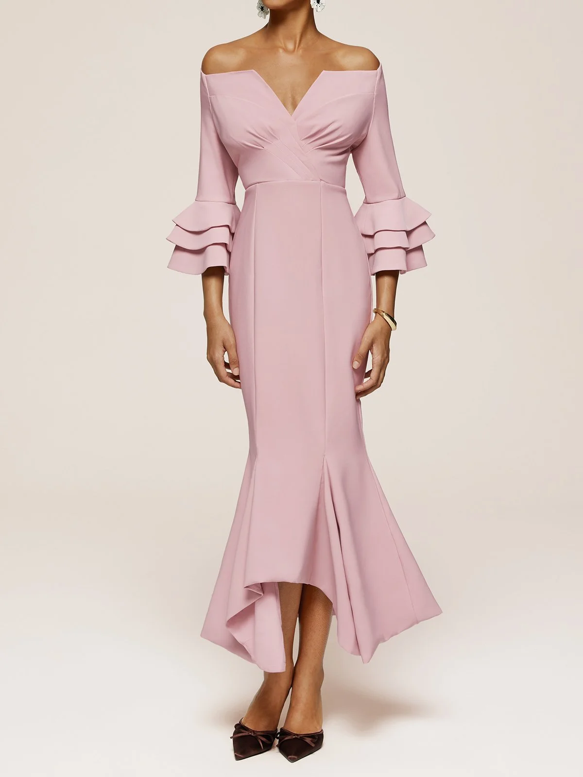 Pink Ruffled Bell Sleeves V Neck Mermaid Maxi Satin Dress