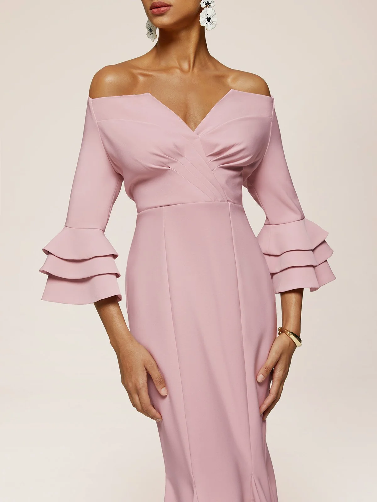 Pink Ruffled Bell Sleeves V Neck Mermaid Maxi Satin Dress