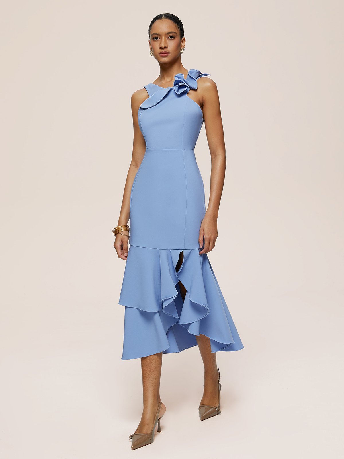 Blue Ruched Sleeveless Ruffled Sheath Midi Dress