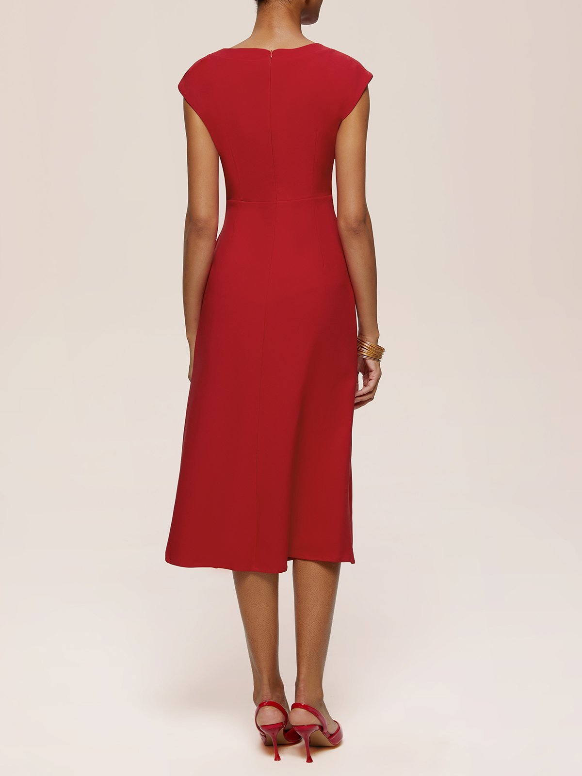 Red Ruched Boat Neck Cap Sleeve A-Line Midi Dress