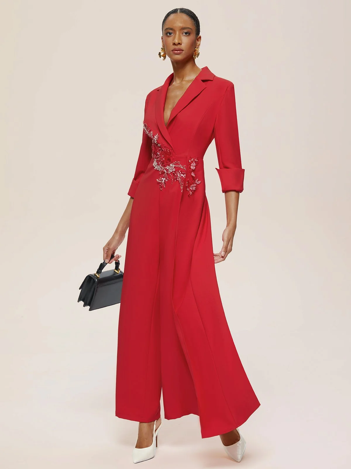 Red Applique Floral Lapel Collar Blazer Jumpsuit