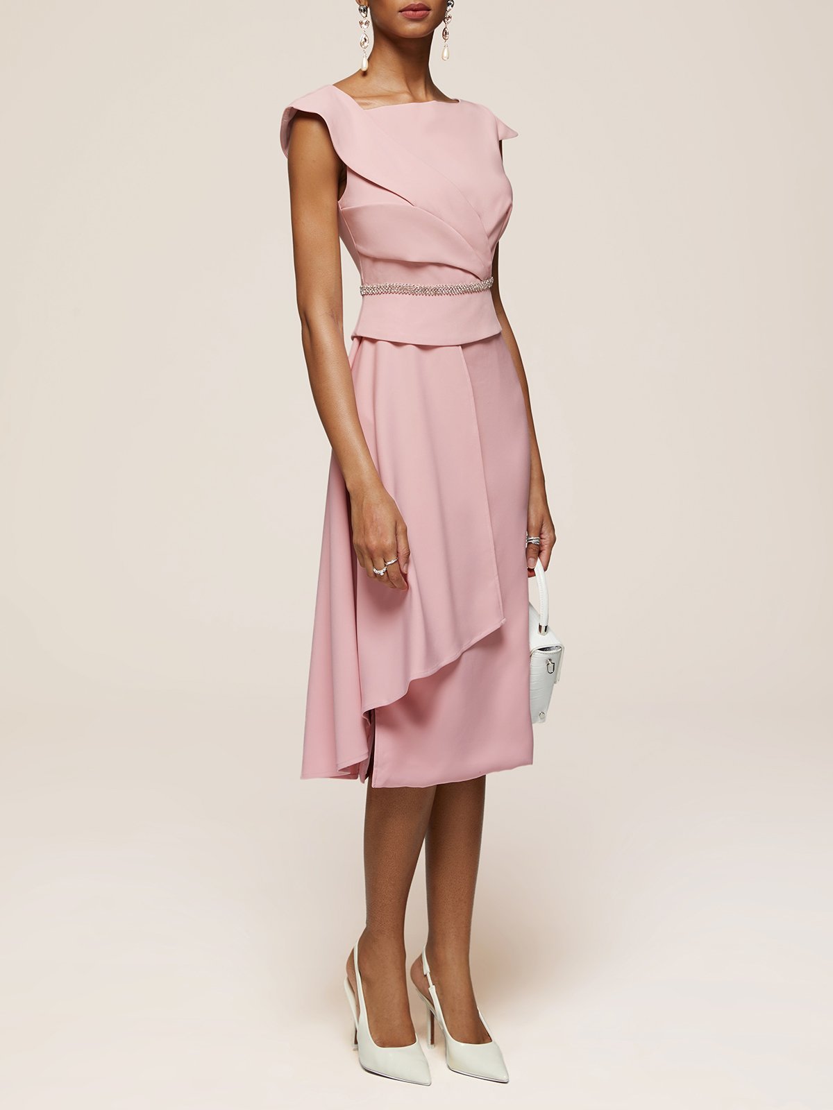 Pink Asymmetrical Neck Cap Sleeve Rhinestone A-Line Midi Dress