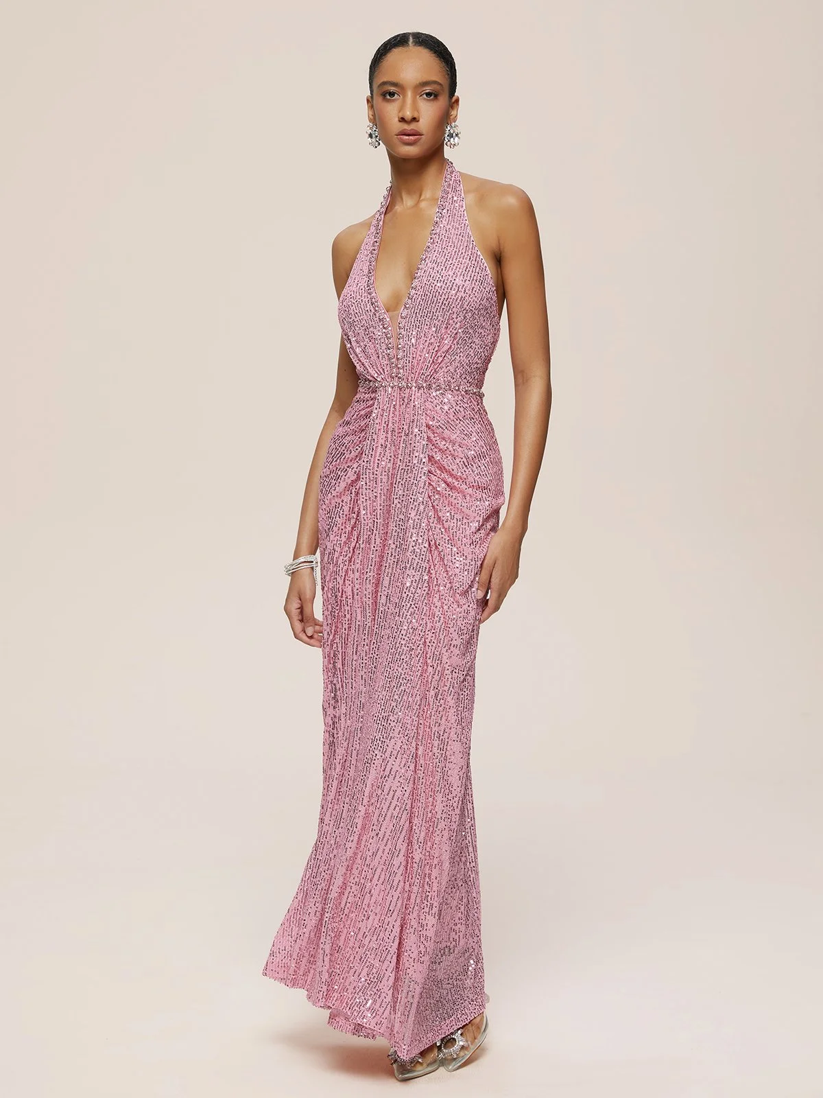 Pink Sequin Rhinestone Halter Sleeveless Sheath Maxi Dress