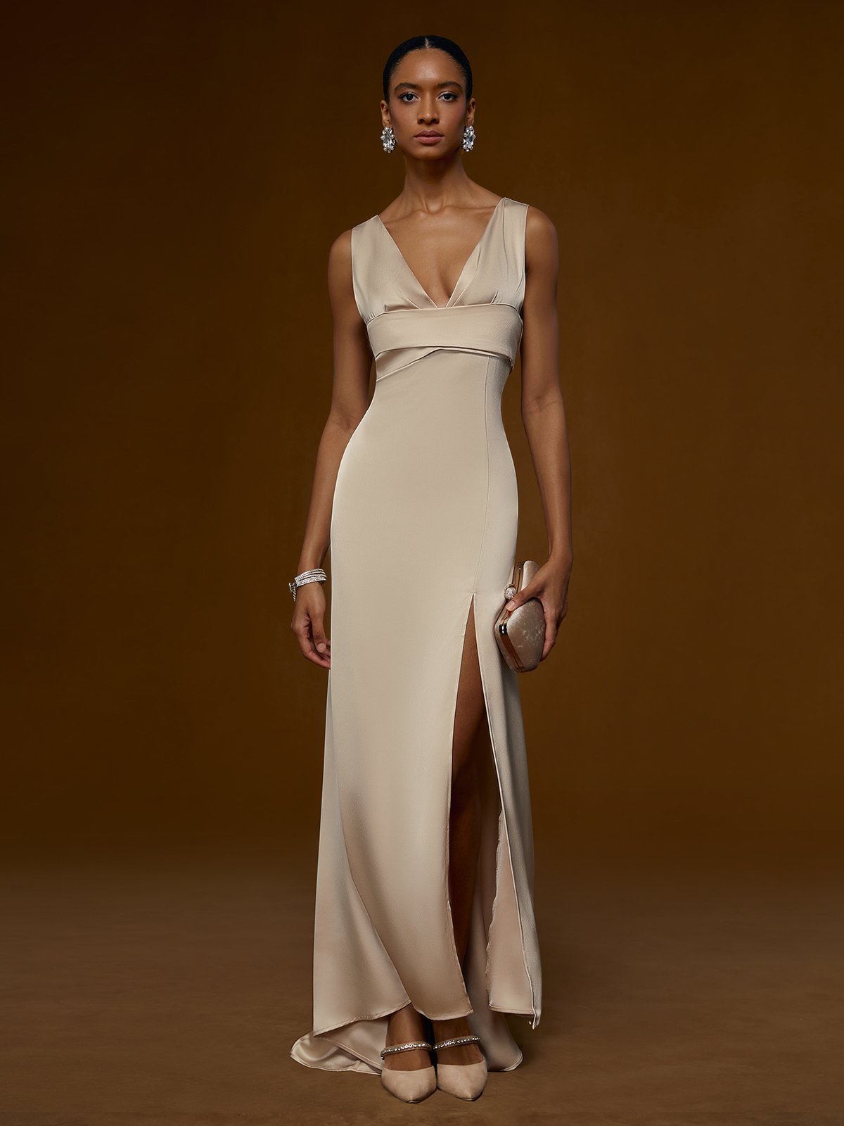 Apricot V Neck Sleeveless Slit Sheath Gown